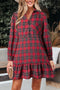 Plaid Shirt Collar Half Button Chest Pocket Ruffle Hem A Line Mini Dress